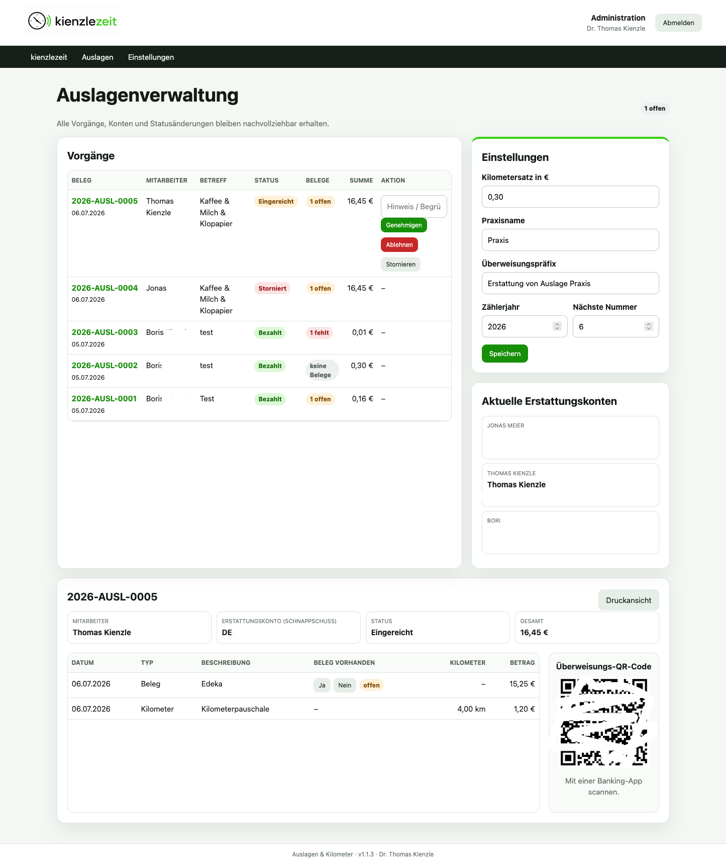 Administrative Prüfung und Erstattung eingereichter Auslagen