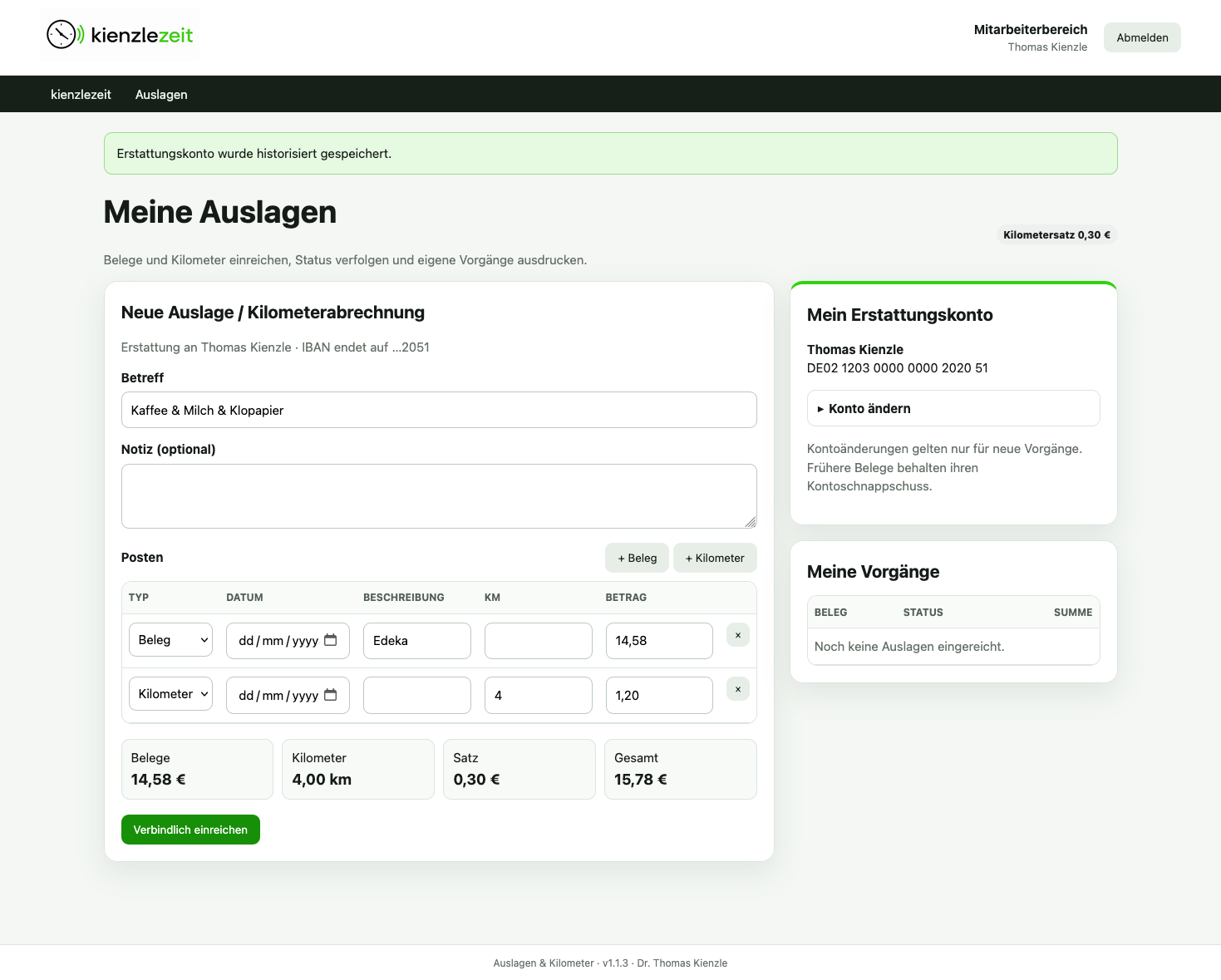 Mitarbeiteransicht für Auslagen und Kilometerabrechnung